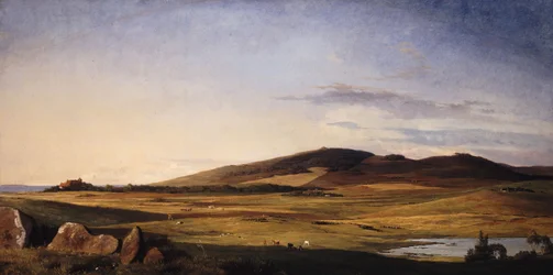 Seeländische Landschaft. Blick von Bjerresø Mark in Richtung Vejrhøj und Dragsholm Schloss